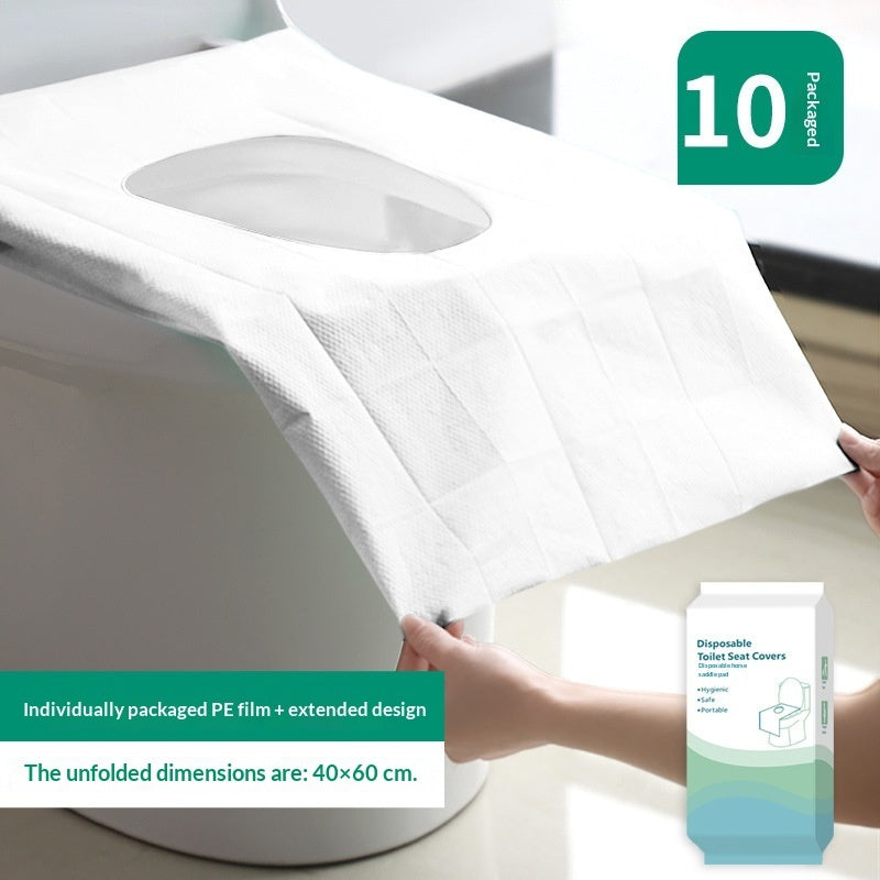 Disposable toilet seat cover with packaging and extended design details.