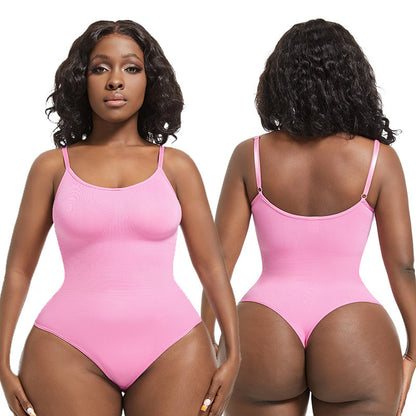 Woman wearing a pink bodysuit, front and back views, on a white background