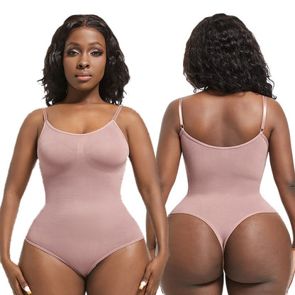 Woman wearing a pink bodysuit from front and back views on a white background