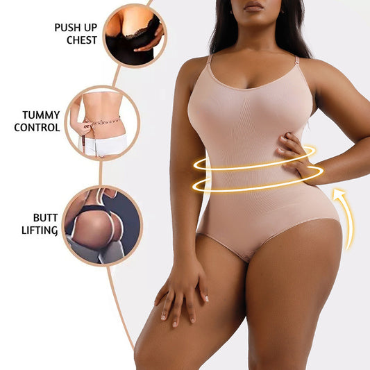 Woman wearing a beige shapewear bodysuit with highlighted features on a white background