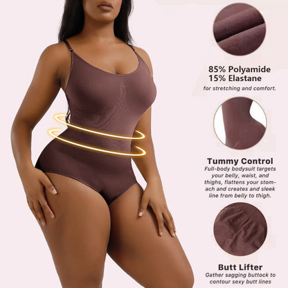 Brown bodysuit with tummy control and butt lifter features on a white background