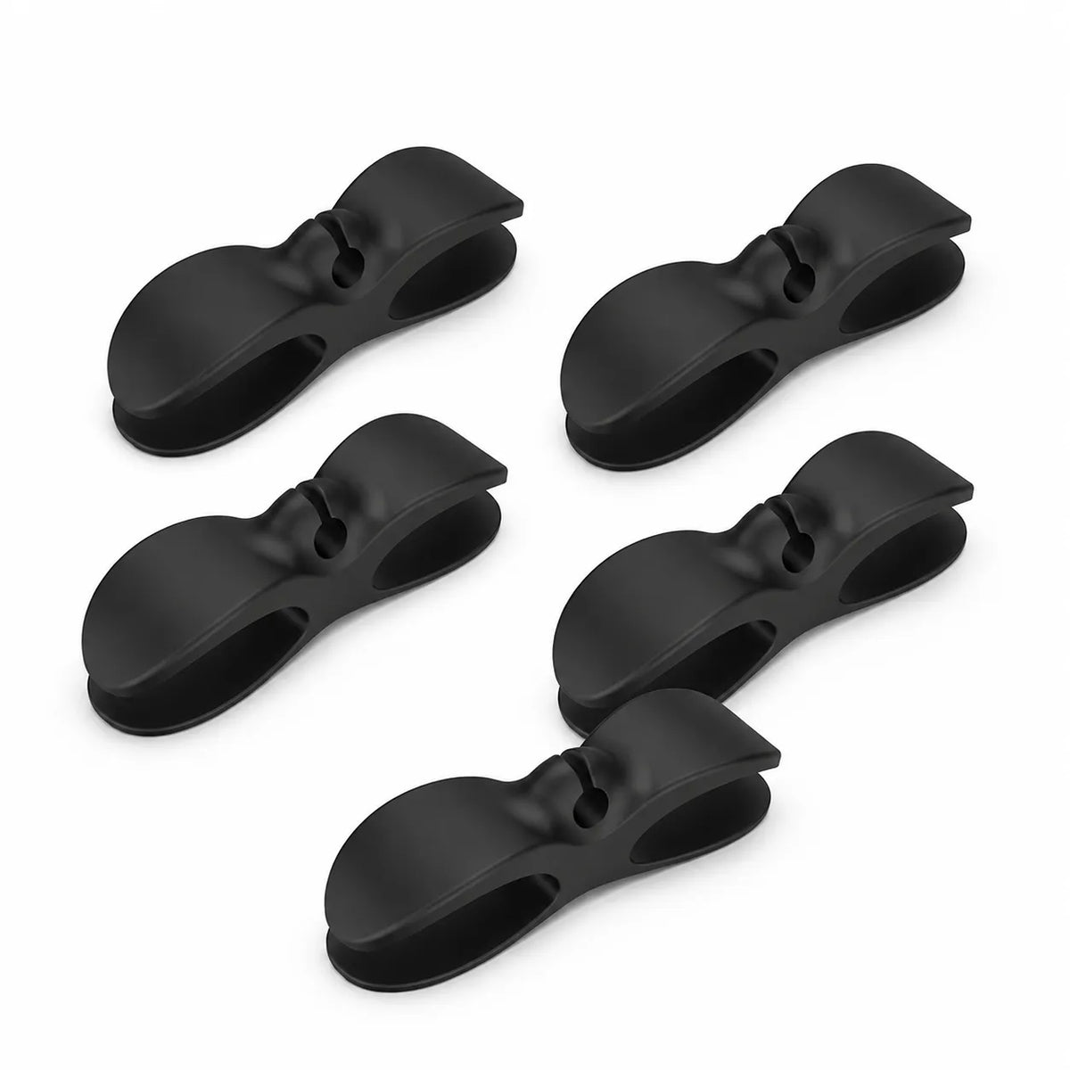 Five matte black plastic clip-like accessories arranged on a clean white background.