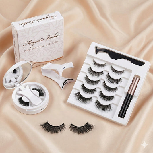 Set of magnetic eyelashes with packaging on a beige fabric background
