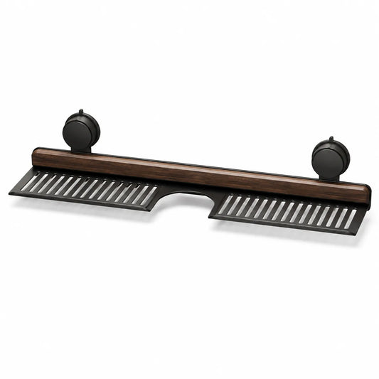 A bathroom towel bar with a dark brown wood-grain center rail and black metal mounting brackets with suction cups, shown on a plain white background.