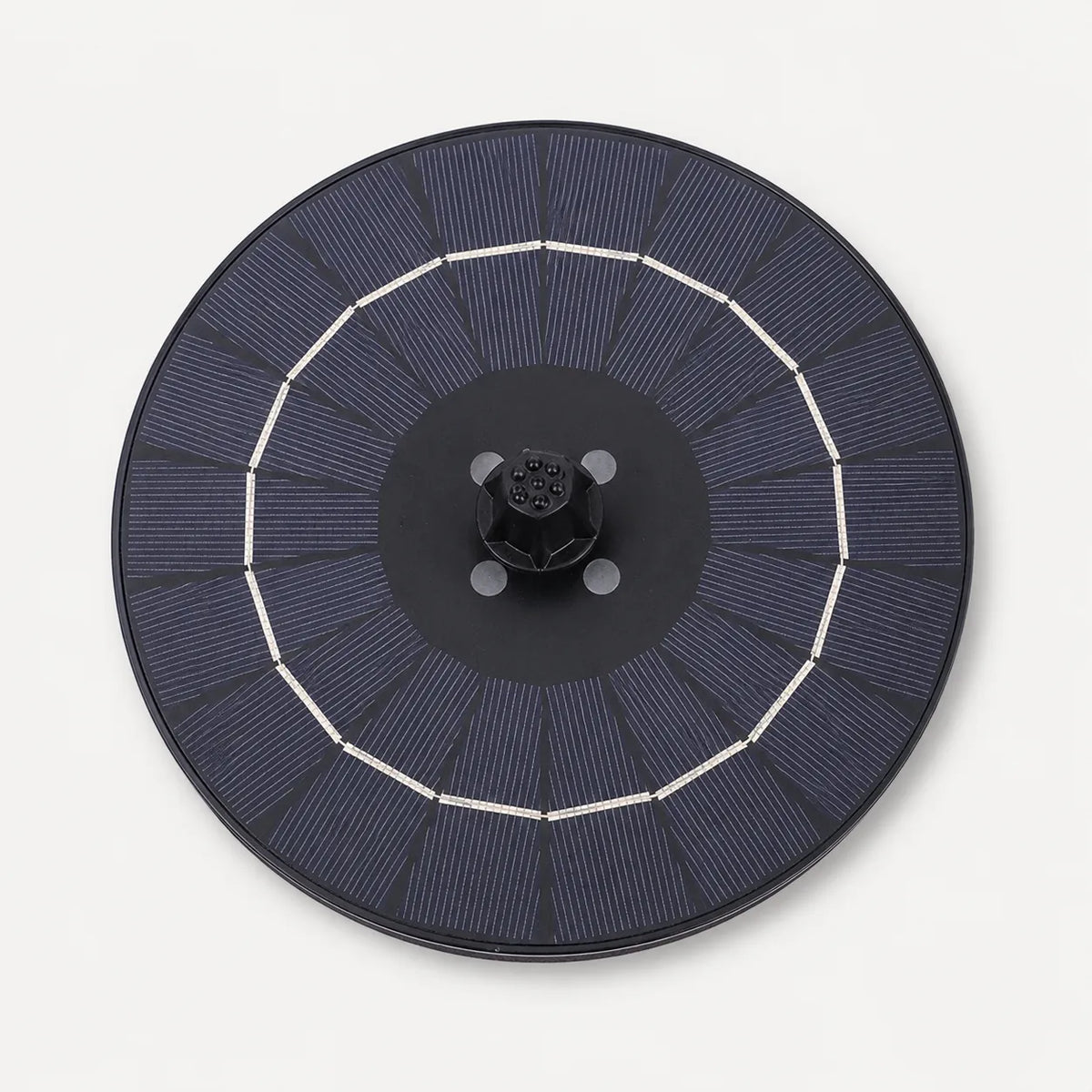 A circular solar panel array with dark blue photovoltaic cells, a black central hub, and white ring connectors, shown from a top-down view on a light gray background.