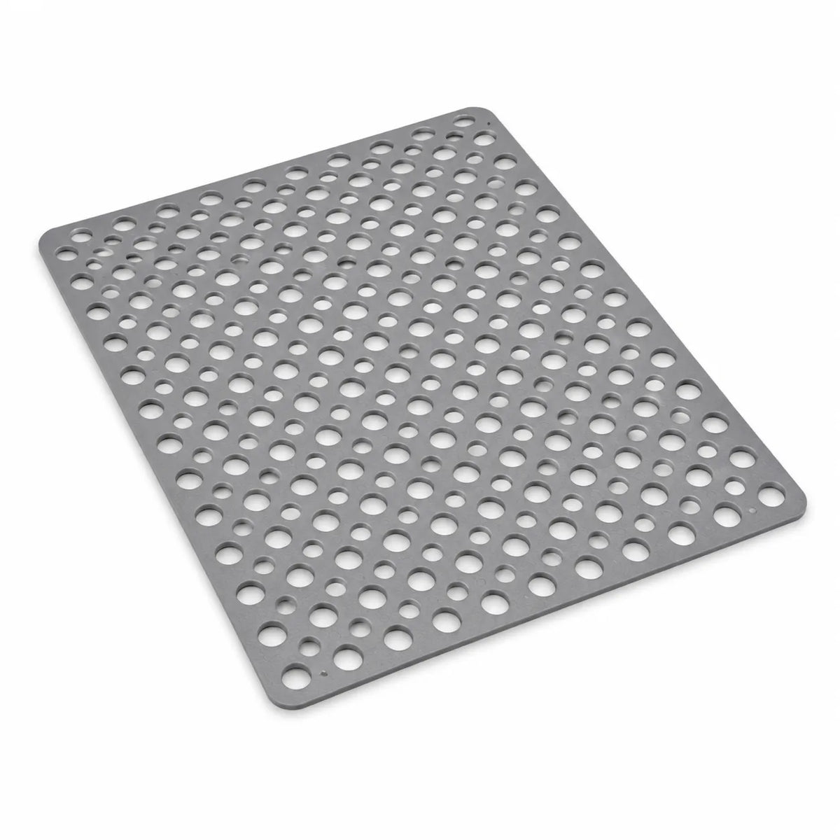 A square gray silicone or rubber mat with a uniform pattern of circular holes, shown at an angle on a plain white background.