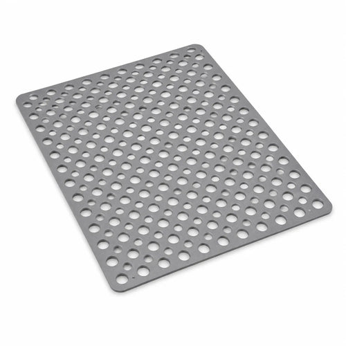 A square gray silicone or rubber mat with a uniform pattern of circular holes, shown at an angle on a plain white background.