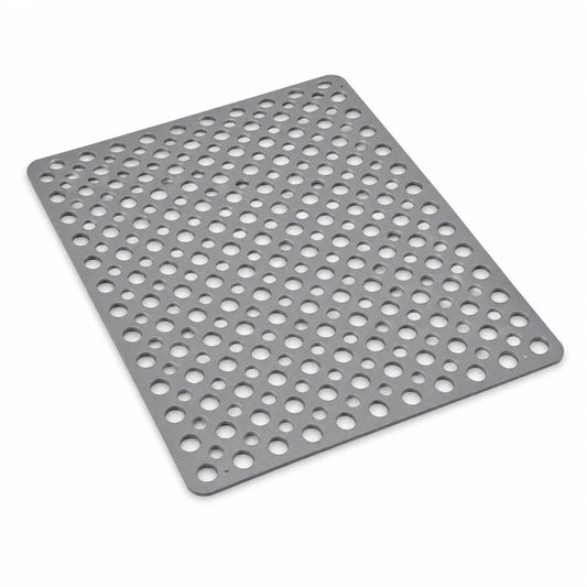 A square gray silicone or rubber mat with a uniform pattern of circular holes, shown at an angle on a plain white background.