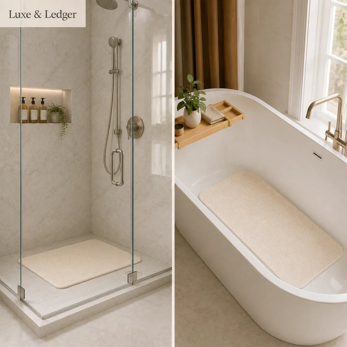A split bathroom scene showing a beige bath mat in use: on the left inside a glass shower base, and on the right inside a white freestanding bathtub. The right panel also shows a wooden tray with a small plant and soap dish on the tub edge.