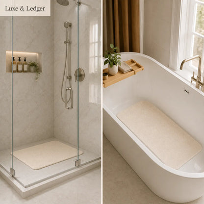 A split bathroom scene showing a beige bath mat in use: on the left inside a glass shower base, and on the right inside a white freestanding bathtub. The right panel also shows a wooden tray with a small plant and soap dish on the tub edge.
