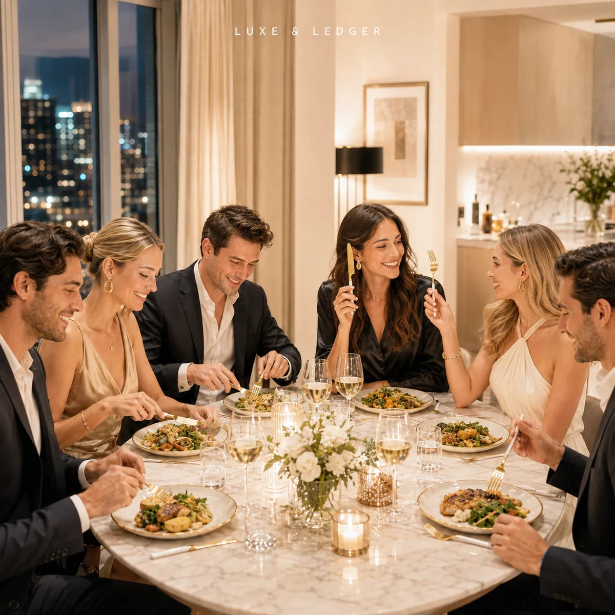 A group of six people dressed in formal evening wear are gathered around a marble dining table, enjoying a candlelit dinner with wine glasses and plates of food in a modern, upscale apartment. The text 'LUXE & LEDGER' is displayed at the top center.