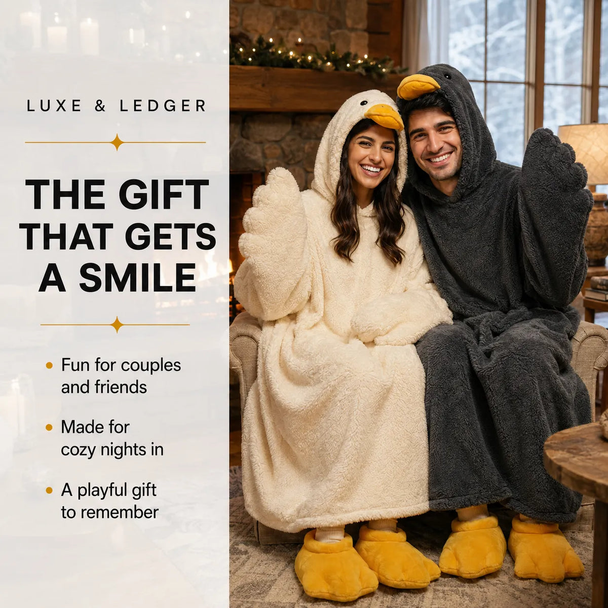 A promotional lifestyle image for Luxe & Ledger plush hooded blankets. On the left is a text panel reading 'THE GIFT THAT GETS A SMILE' with marketing copy.