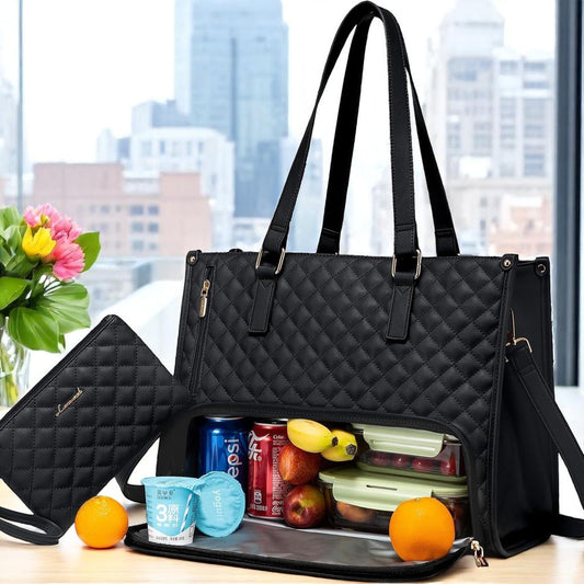 Black quilted handbag with compartments containing snacks and drinks, with a cityscape background.