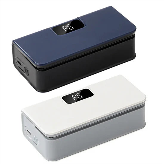 Two phone cases, one blue and one white, on a white background