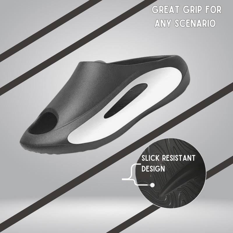 A single black and white summer slide with a sleek resistant design, placed against a patterned background with text highlighting 'GREAT GRIP FOR ANY SCENARIO' and 'SLICK RESISTANT DESIGN'.