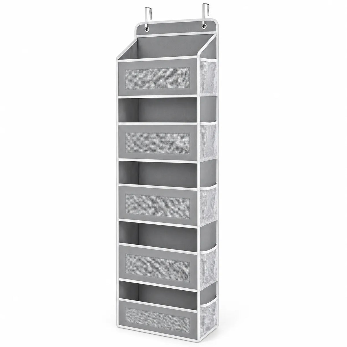 A gray fabric hanging organizer with six compartments, featuring a white frame and metal hanging hooks at the top, shown on a plain white background.