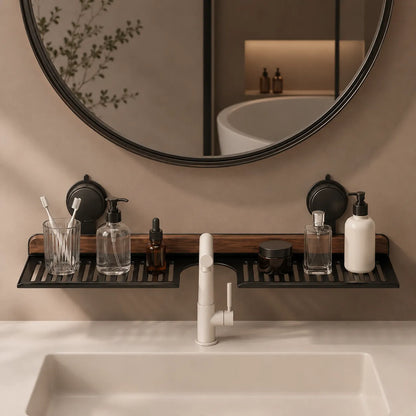 A wall-mounted bathroom shelf with a slatted black tray and wooden bar, holding a toothbrush in a glass cup, pump bottles, a small jar, and a white bottle, installed above a sink with a white faucet.
