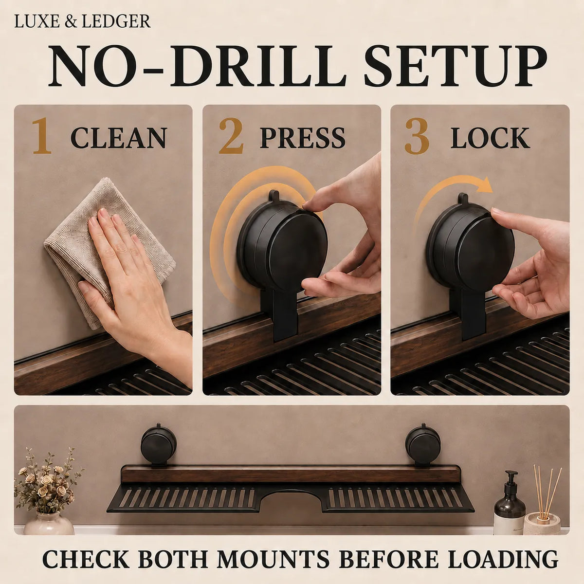 Instructional graphic for a wall-mounted towel bar with three panels showing a no-drill setup: clean the wall, press the round mount, and lock it. The bottom panel shows the towel bar mounted on a wall with two round mounts, plus small decorative props and text reading 'CHECK BOTH MOUNTS BEFORE LOADING'.