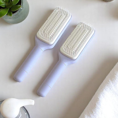 Two self-cleaning hair brushes in black and purple colors, with an additional inset showing the brush's bristles.