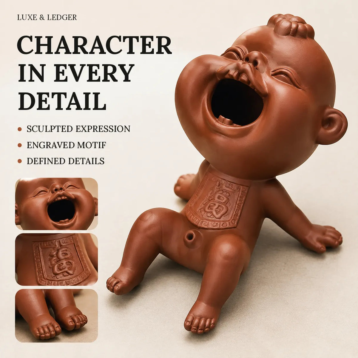 A terracotta-colored laughing baby figurine shown on a light beige background, with text reading 'CHARACTER IN EVERY DETAIL' and two small inset close-ups of the engraved chest motif. Brand text 'LUXE & LEDGER' is visible at the top left.