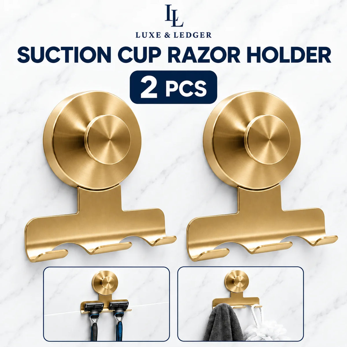 Two gold suction cup razor holders shown on a white marble background, with product text reading 'SUCTION CUP RAZOR HOLDER' and '2 PCS'. Two small inset photos at the bottom demonstrate the holders mounted and holding razors and towels.