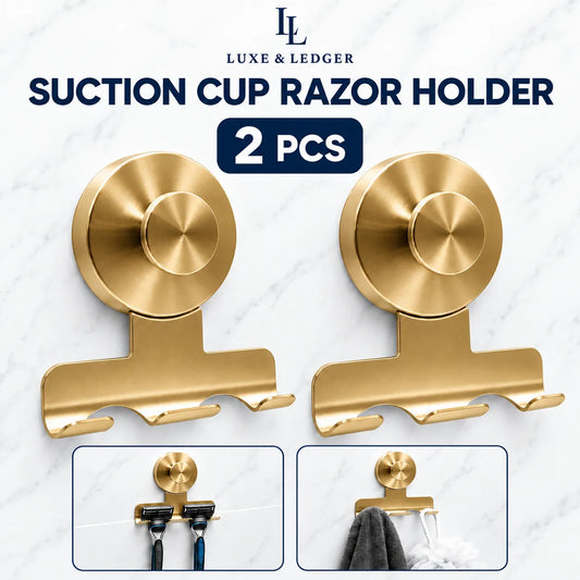 Two gold suction cup razor holders shown on a white marble background, with product text reading 'SUCTION CUP RAZOR HOLDER' and '2 PCS'. Two small inset photos at the bottom demonstrate the holders mounted and holding razors and towels.