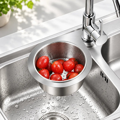 Stainless steel sink strainer basket holding strawberries over a kitchen sink