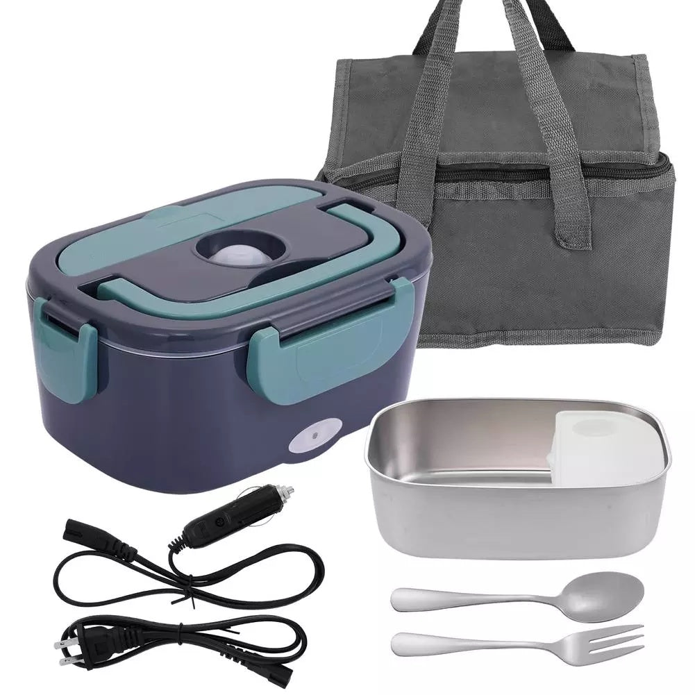 Lunch box set with insulated bag, power cable, and utensils on a white background