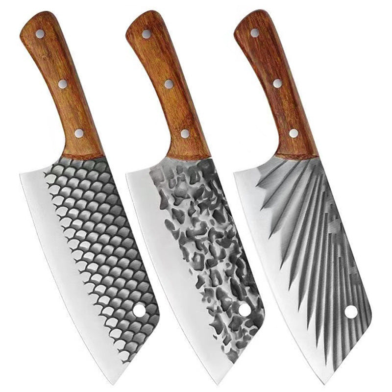 Three knives with wooden handles and textured metal blades on a white background