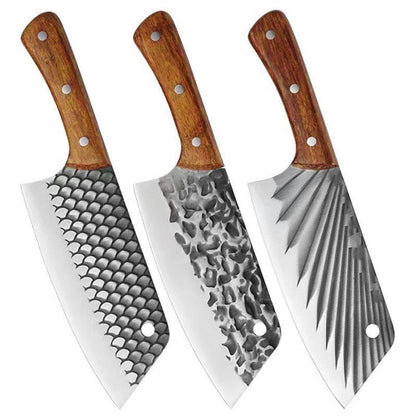 Three knives with wooden handles and textured metal blades on a white background