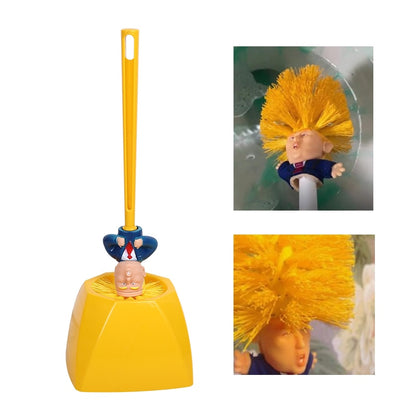 Yellow scrub brush with cartoon character handle on a white background