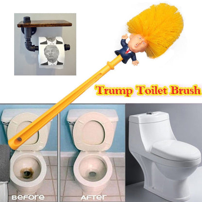 Trump Toilet Brush with a novelty roll of toilet paper featuring a face, set against images of a toilet and cleaning process.