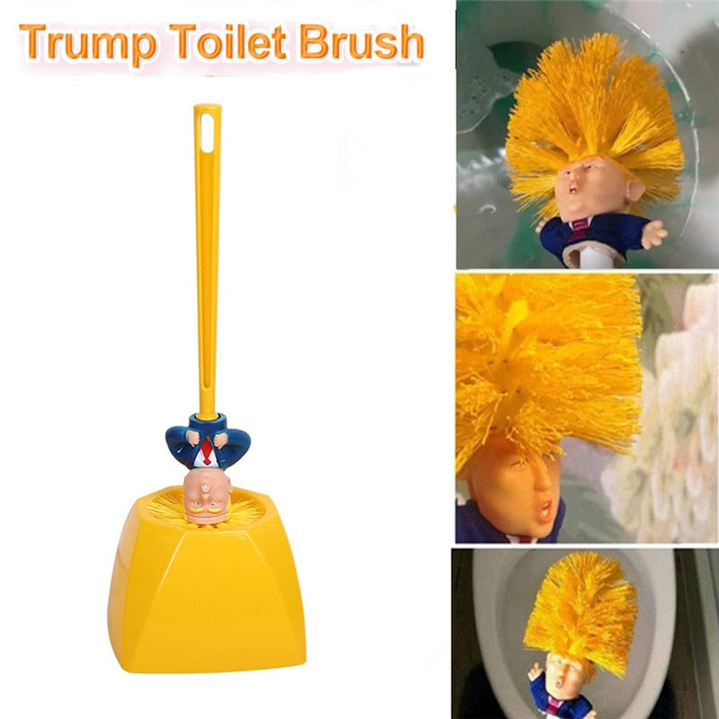 Yellow toilet brush with a character head, labeled 'Trump Toilet Brush', shown with close-up shots.