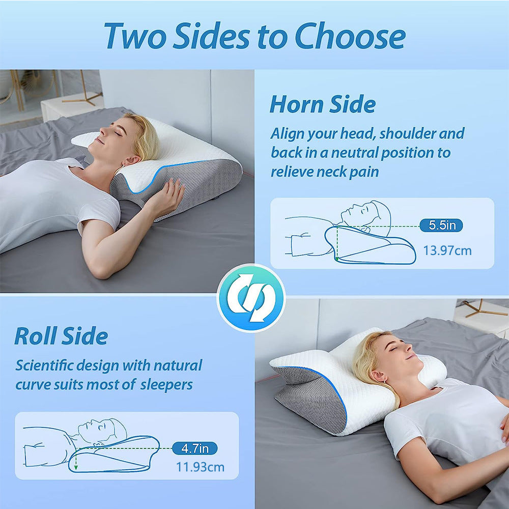 Woman lying on a neck pillow with text explaining two sides to choose: Horn Side and Roll Side.