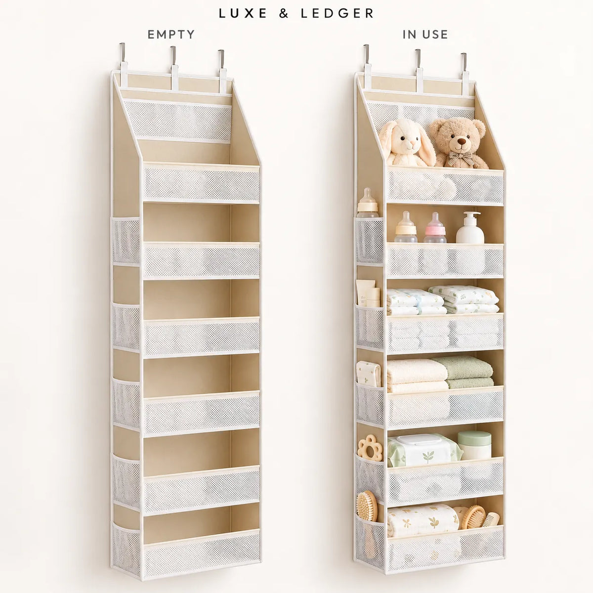 A wall-mounted hanging organizer shown in two states: empty on the left and in use on the right, filled with baby items such as teddy bears, bottles, diapers, and folded towels. The text at the top reads 'LUXE & LEDGER' with 'EMPTY' above the left unit and 'IN USE' above the right unit.