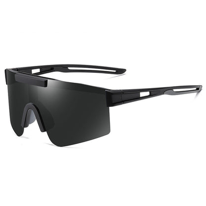 A pair of blue polarized cycling sunglasses with a black frame, displayed on a white surface with a reflective shadow.
