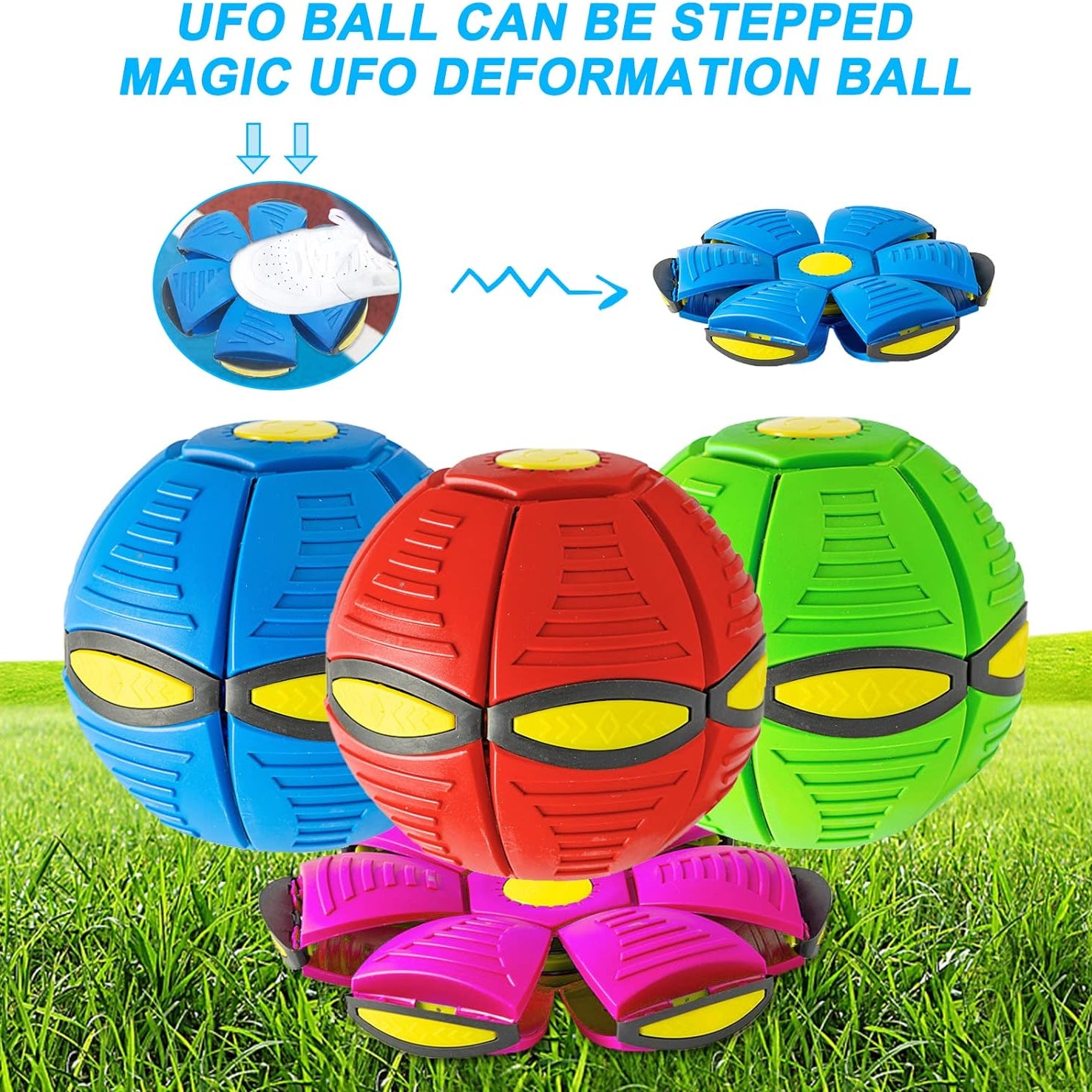 Colorful deformation ball with text on a grass background