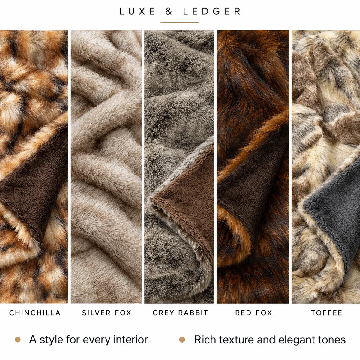 Five faux fur throw blanket swatches in different colors are shown side-by-side with labels: Chinchilla, Silver Fox, Grey Rabbit, Red Fox, and Toffee. The image features a 'LUXE & LEDGER' banner at the top and descriptive text at the bottom.
