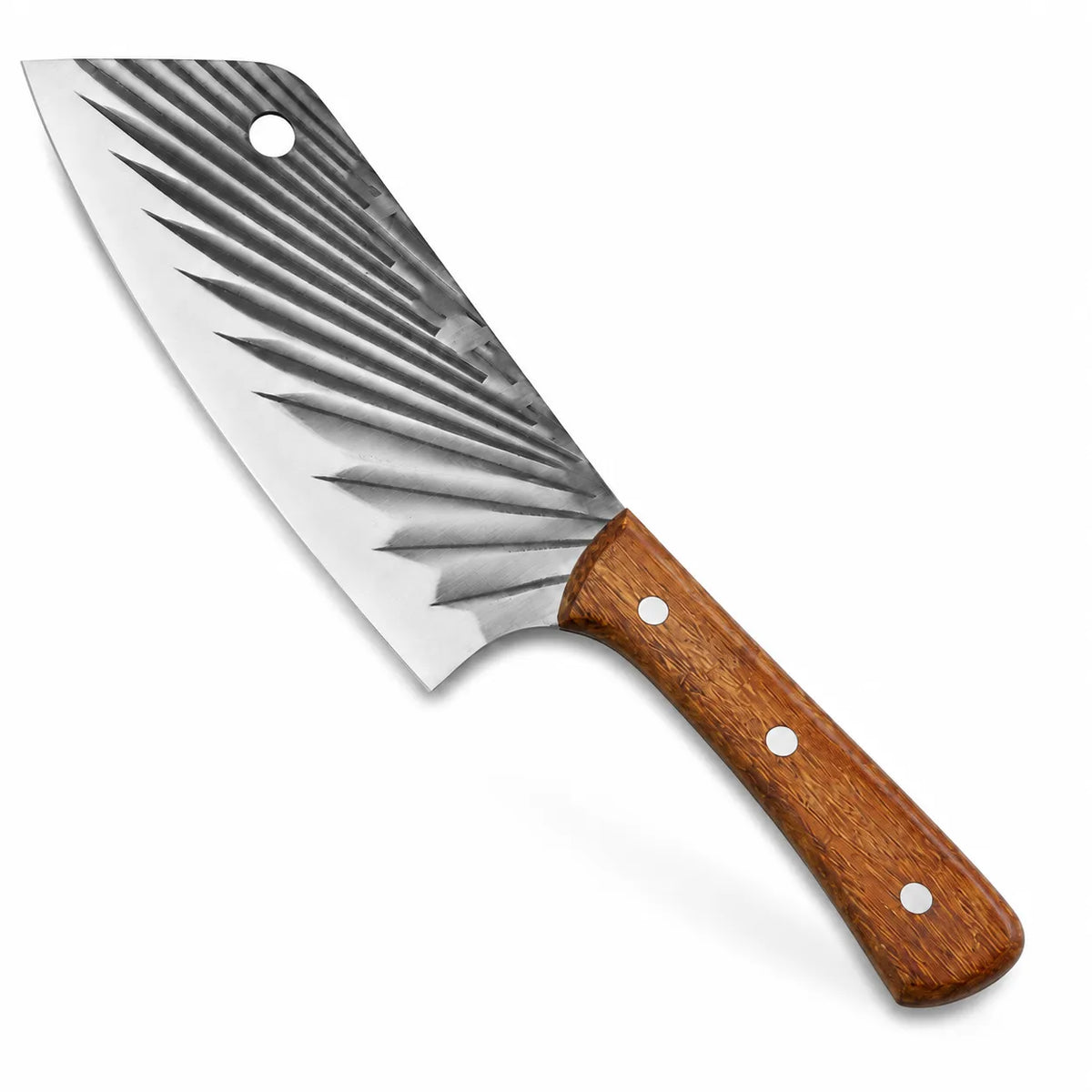 A kitchen knife with a textured, fan-patterned steel blade and a brown wooden handle secured by three silver rivets, shown on a plain white background.