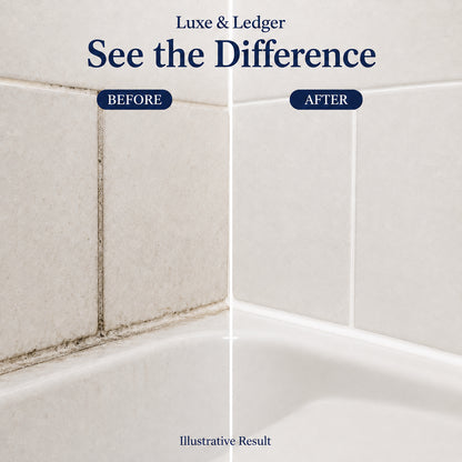 Before-and-after comparison graphic showing a bathroom corner with dirty grime along the left wall and tub edge, and a clean white after result. Text reads 'Luxe & Ledger', 'See the Difference', 'BEFORE' and 'AFTER', and 'Illustrative Result'.