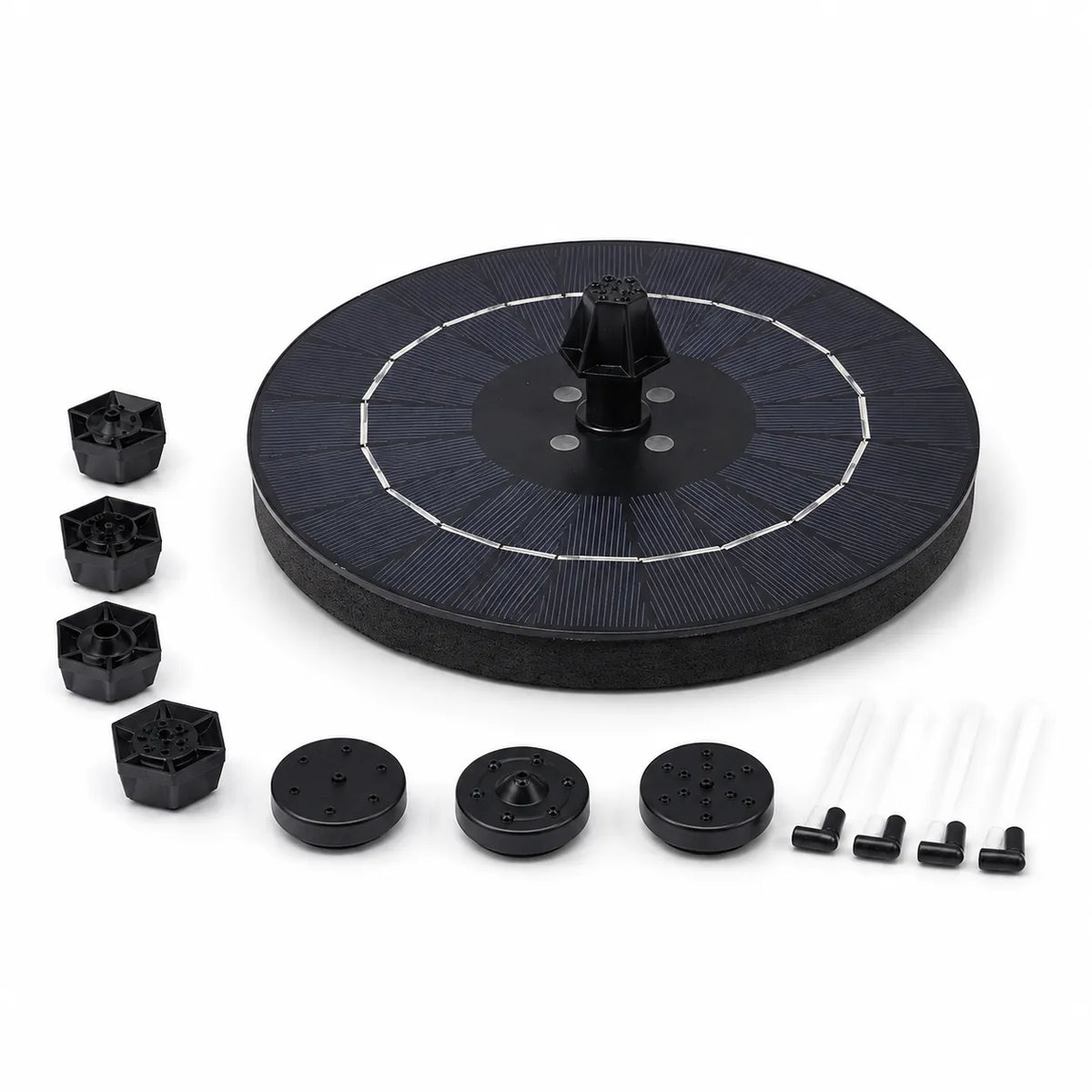 Solar pump kit components on a white background, including a circular solar panel float, several black plastic pump parts, white tubing, and mounting hardware.