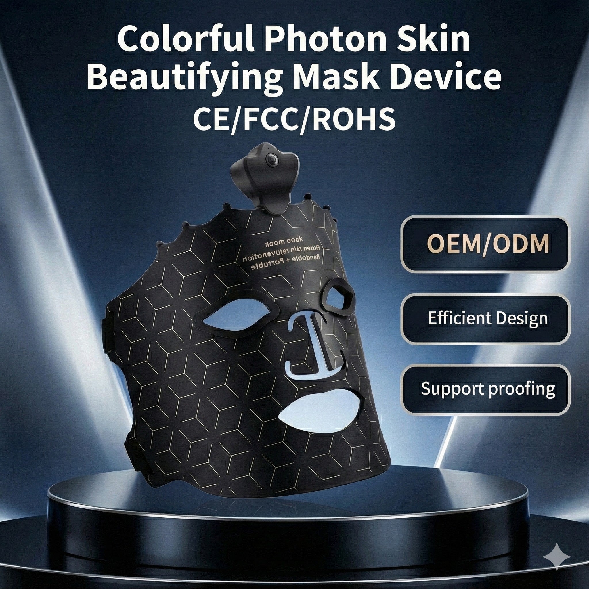 Colorful Photon Skin Beautifying Mask Device on a dark background with text and logos.