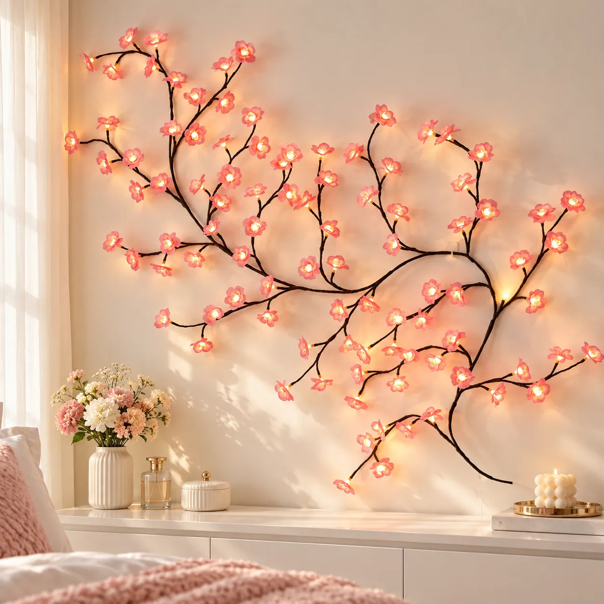 A decorative wall-mounted branch light fixture with glowing pink cherry blossoms, displayed in a softly lit bedroom setting above a white console table with flowers and candles.