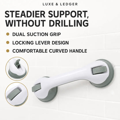 White and gray wall-mounted grab handle with suction cups, shown on a white tiled wall with marketing text and two circular detail insets. Brand text 'LUXE & LEDGER' appears at the top.