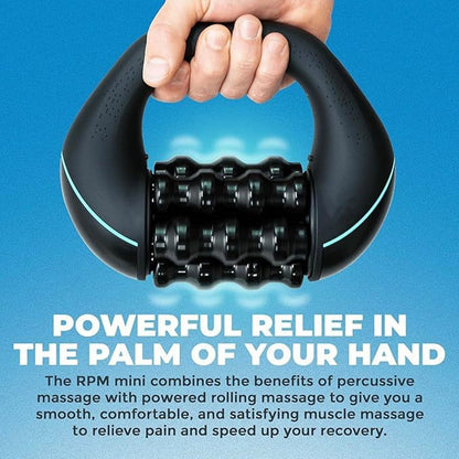 Hand holding a black massage device with text about its benefits on a blue background
