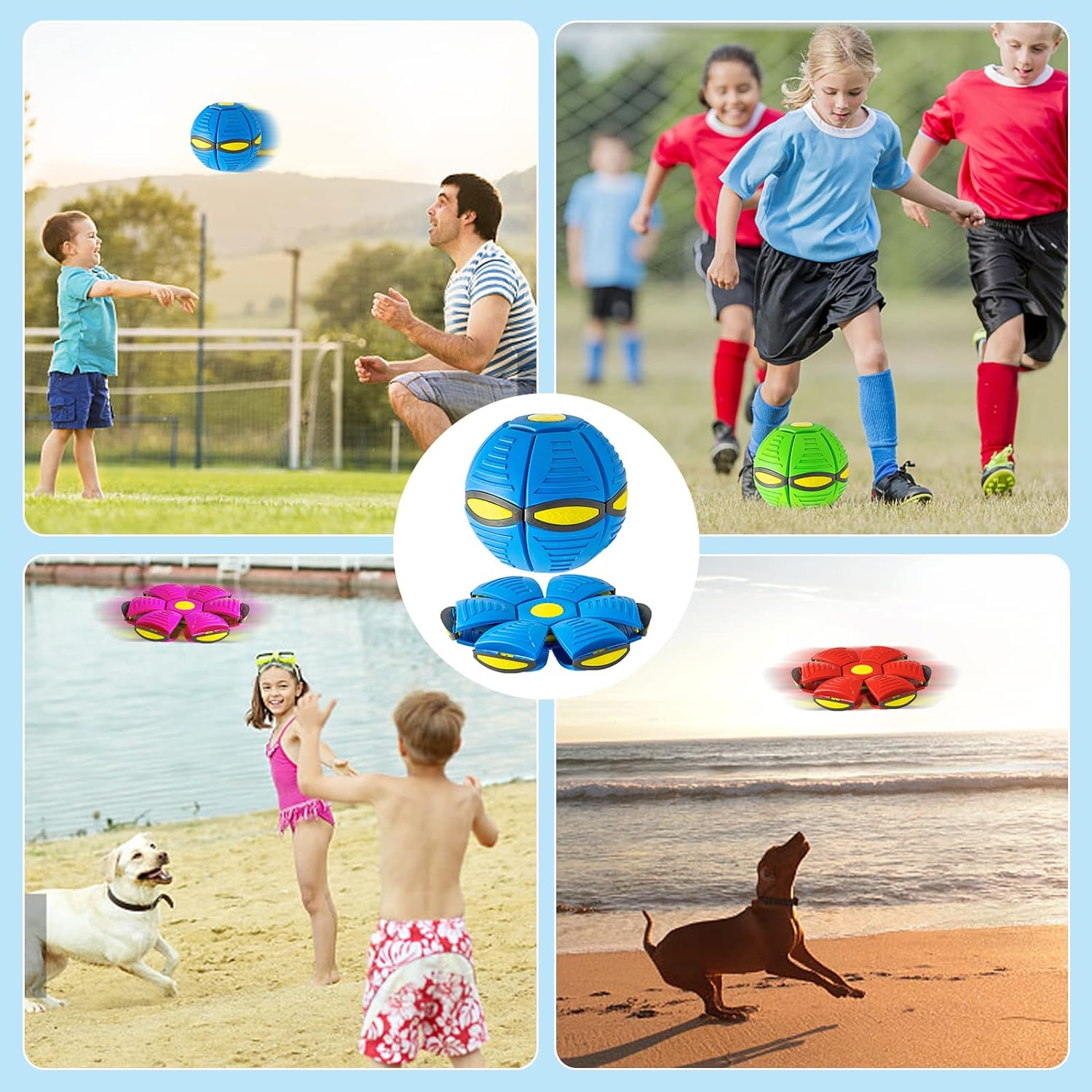 Collage of children playing with colorful balls in various settings.