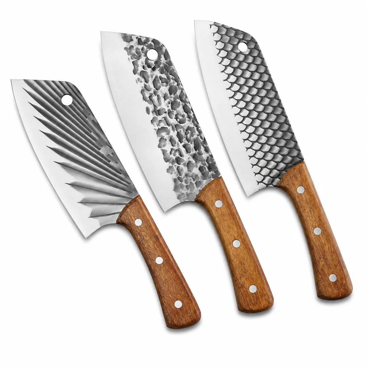 Three kitchen knives with patterned steel blades and brown wooden handles, arranged diagonally on a white background.