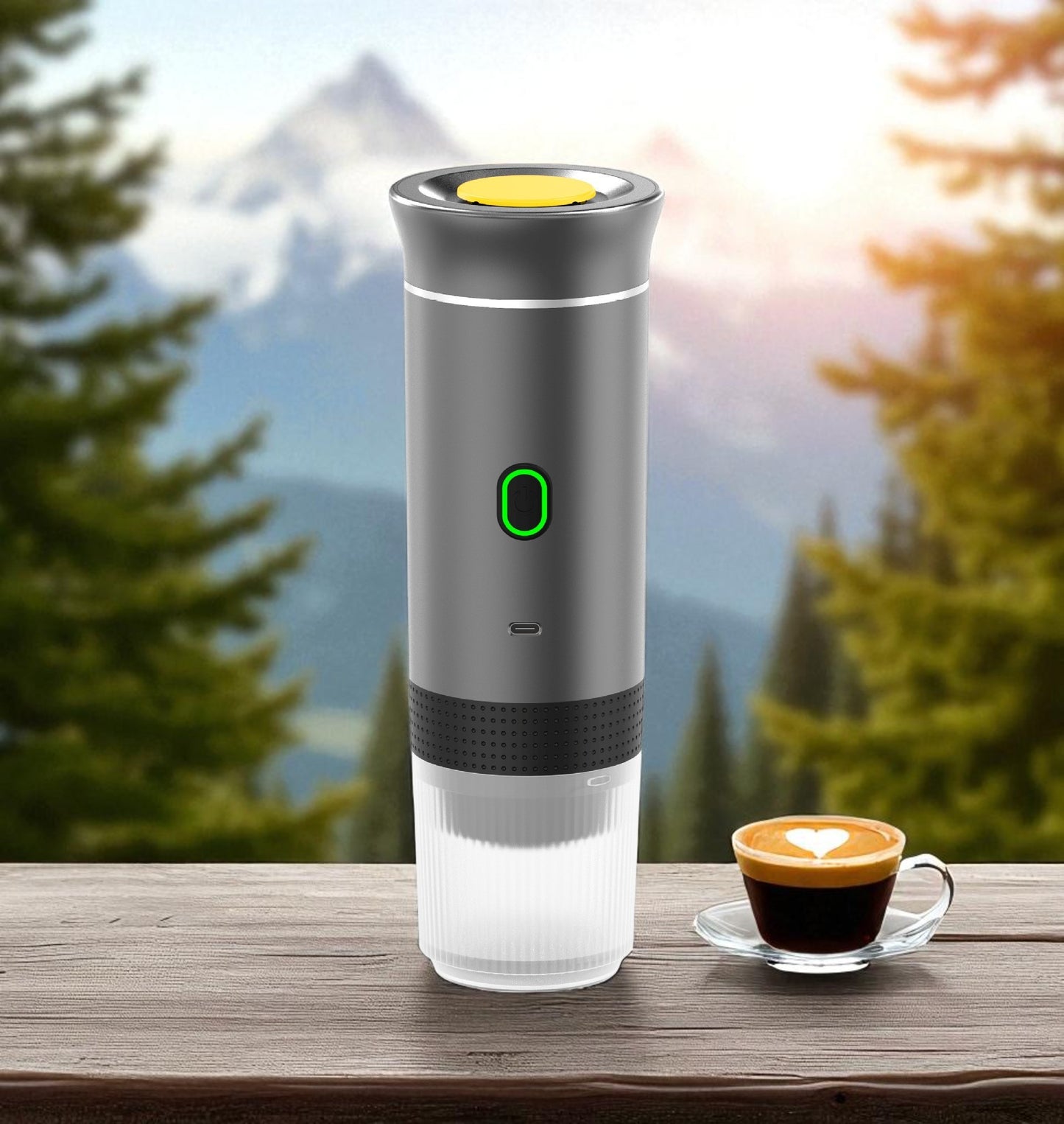 Portable coffee maker on a wooden surface with a scenic background