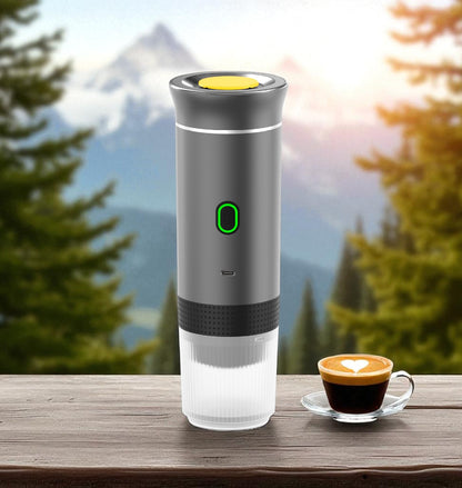 Portable coffee maker on a wooden surface with a scenic background