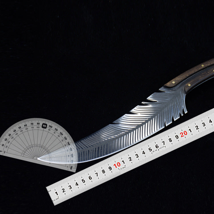Decorative curved blade with measurement tools on a black background